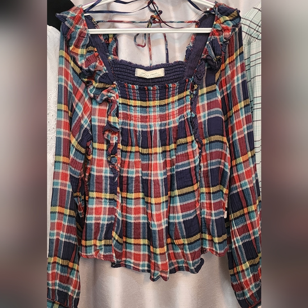 Free People Yellow and Blue Ruffled Smocked Blouse